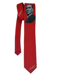 Atatürk Portre ve İmza Desenli Kırmızı Dokuma Kravat