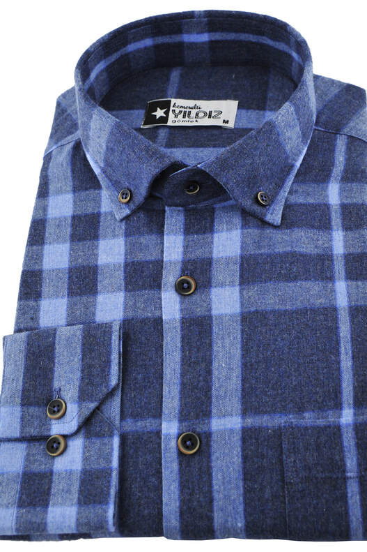 Light Dark Blue Plaid Winter Cotton Shirt