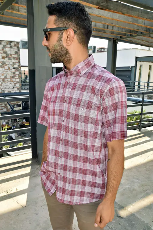 RED CREAM PLAID SHORT SLEEVE MEN'S SHIRT