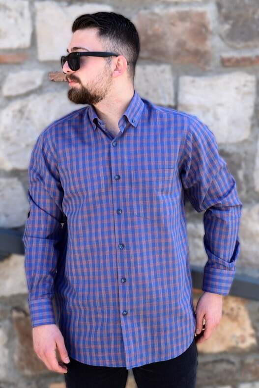 YILDIZ Navy Blue Yellow Tile Check Seasonal Long Sleeve Shirt