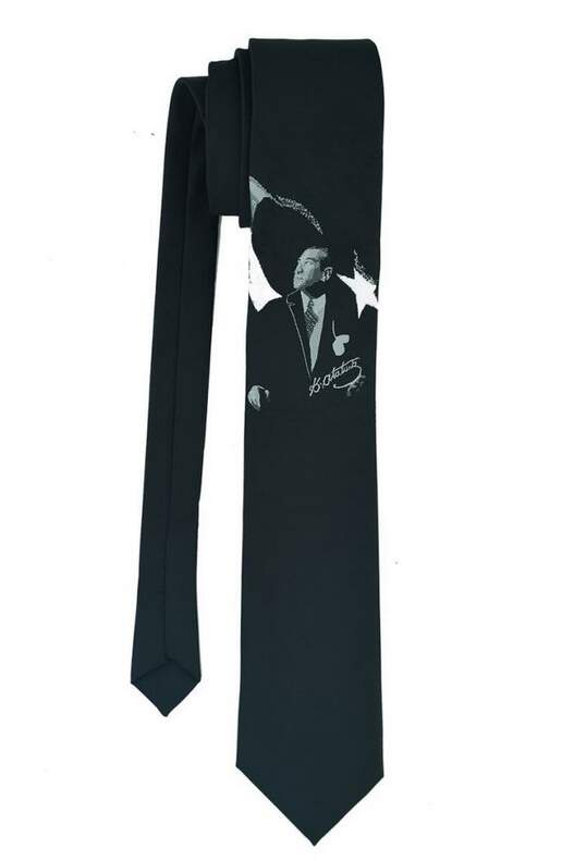 Atatürk Portrait and Signature Patterned Black Woven Tie