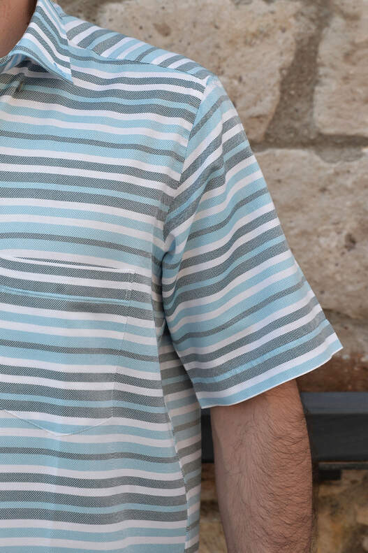 Yıldız Turquoise/Green/White Striped Short Sleeve Men's Shirt