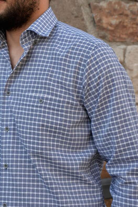 Yıldız Seasonal White Navy Blue Checked Long Sleeve Men's Shirt