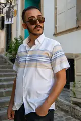 YILDIZ Beige Panel Pattern Short Sleeve Shirt