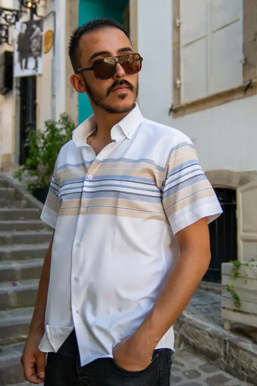 YILDIZ Beige Panel Pattern Short Sleeve Shirt