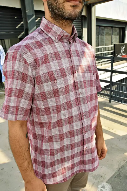 RED CREAM PLAID SHORT SLEEVE MEN'S SHIRT