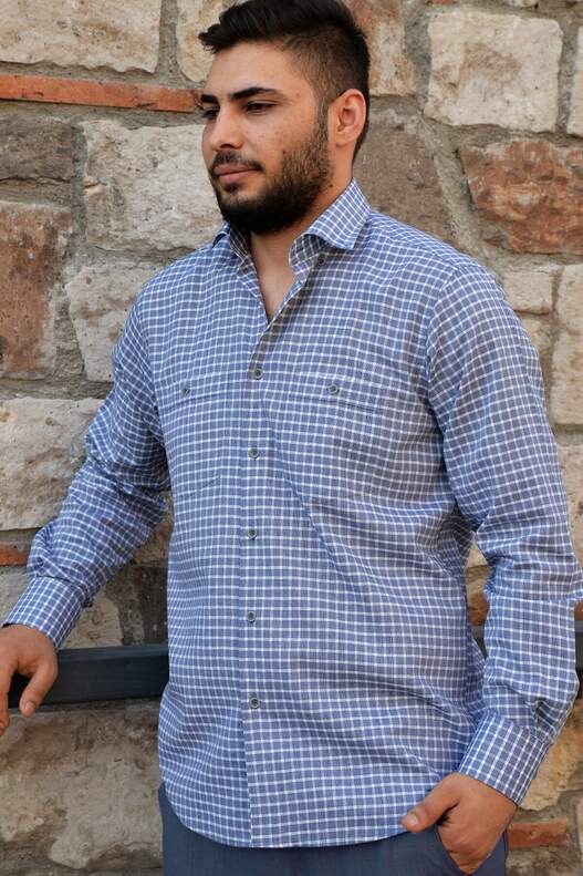 Yıldız Seasonal White Navy Blue Checked Long Sleeve Men's Shirt