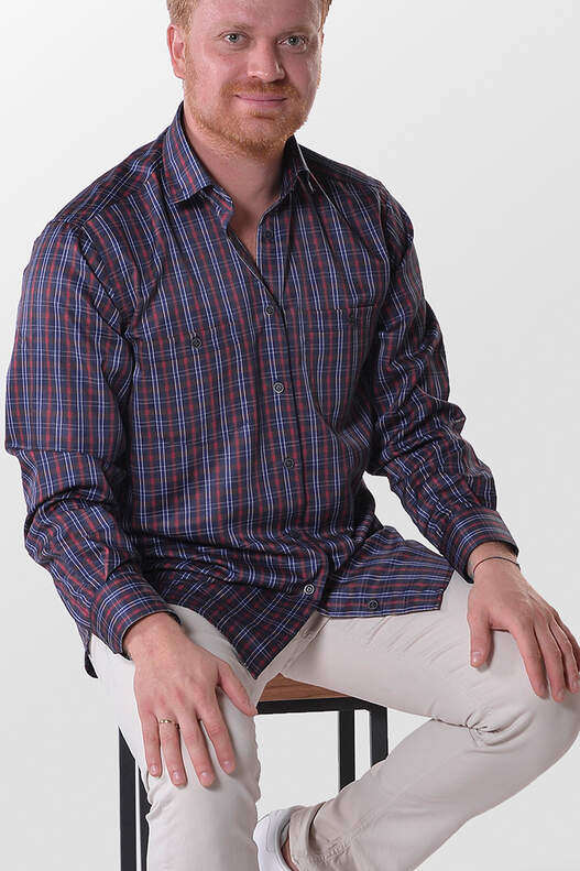 Yıldız Navy Blue Red-Cream Plaid Crotch Cut Men's Shirt