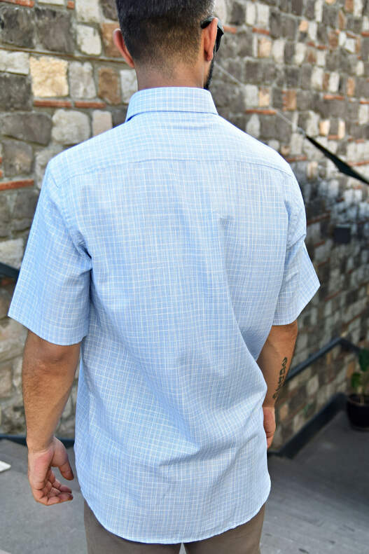 Yıldız Blue White Checked Short Sleeve Men's Shirt