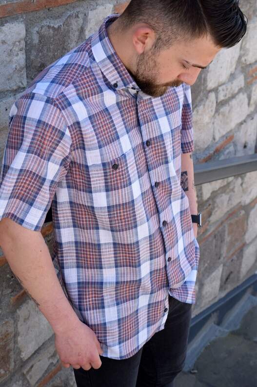 YILDIZ Cream Navy Blue Check Short Sleeve Shirt