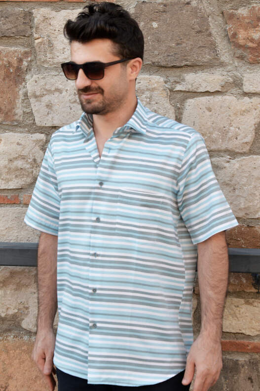 Yıldız Turquoise/Green/White Striped Short Sleeve Men's Shirt