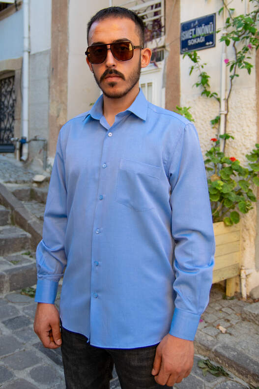 YILDIZ Blue Herringbone Pattern Long Sleeve Shirt
