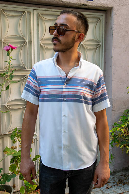 Blue Panel Pattern Short Sleeve Shirt