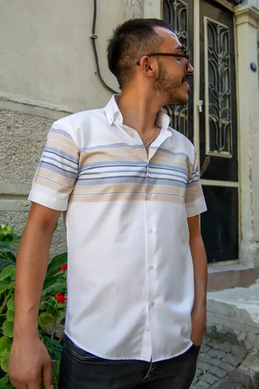 YILDIZ Beige Panel Pattern Short Sleeve Shirt