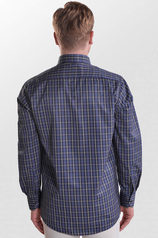 Yıldız Navy Blue Green Plaid Long Sleeve Classic Cut Men's Shirt