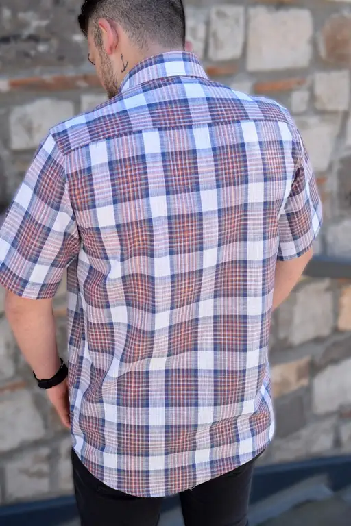 YILDIZ Cream Navy Blue Check Short Sleeve Shirt