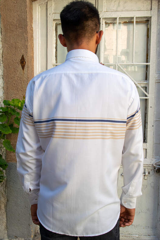 Beige Navy Blue Panel Pattern Shirt