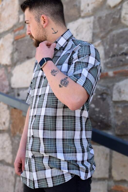 YILDIZ Cream Green Milky Brown Plaid Short Sleeve Shirt