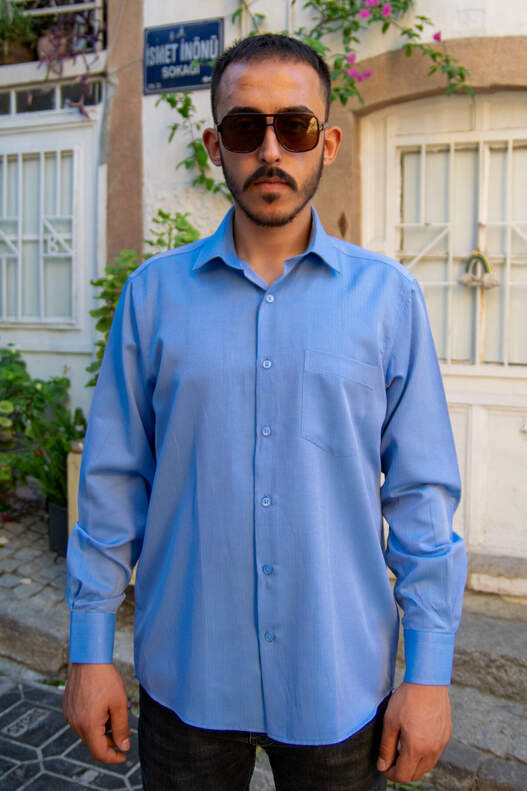 YILDIZ Blue Herringbone Pattern Long Sleeve Shirt