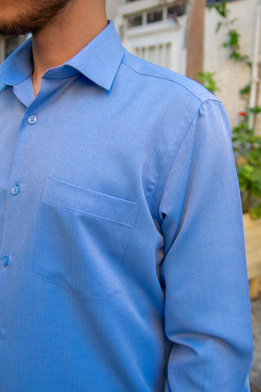 YILDIZ Blue Herringbone Pattern Long Sleeve Shirt