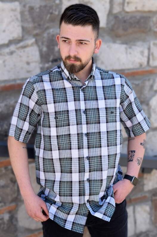 YILDIZ Cream Green Milky Brown Plaid Short Sleeve Shirt