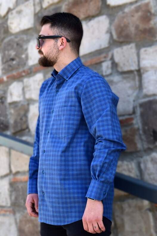 Navy Blue Light Blue Checked Seasonal Shirt