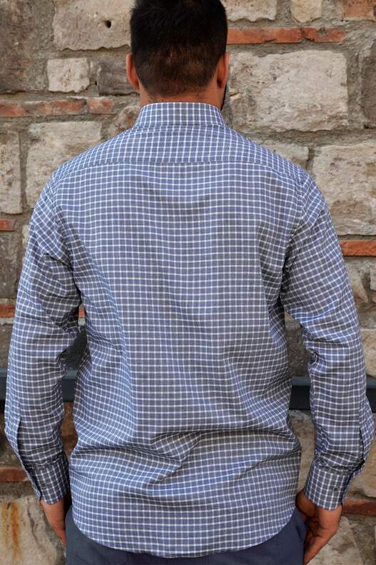 Yıldız Seasonal White Navy Blue Checked Long Sleeve Men's Shirt