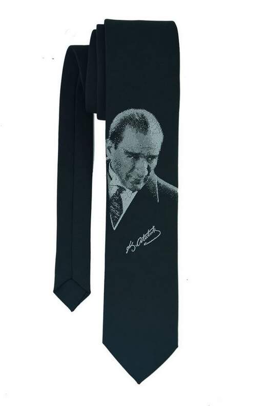 ATATURK PORTRAIT AND SIGNATURE PATTERNED MICROFIBRE WOVEN CLASSIC CUT BLACK TIE