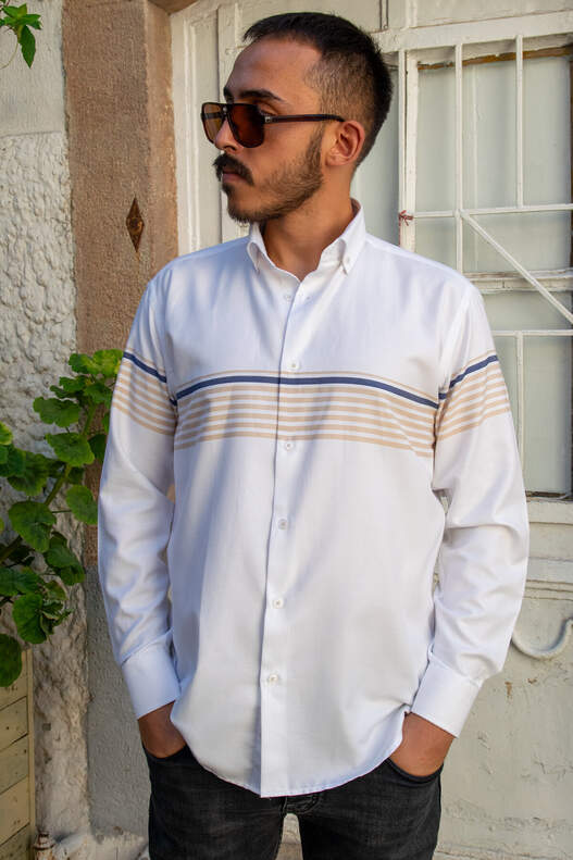 Beige Navy Blue Panel Pattern Shirt