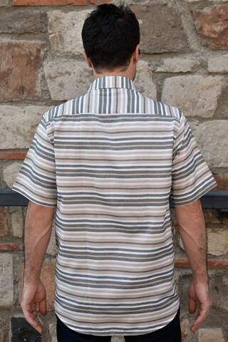 Yıldız Light Brown/Black/White Striped Short Sleeve Men's Shirt