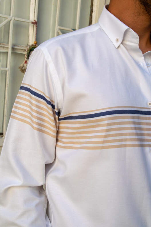 Beige Navy Blue Panel Pattern Shirt