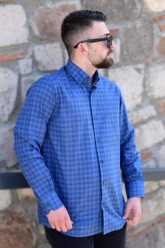 Navy Blue Light Blue Checked Seasonal Shirt