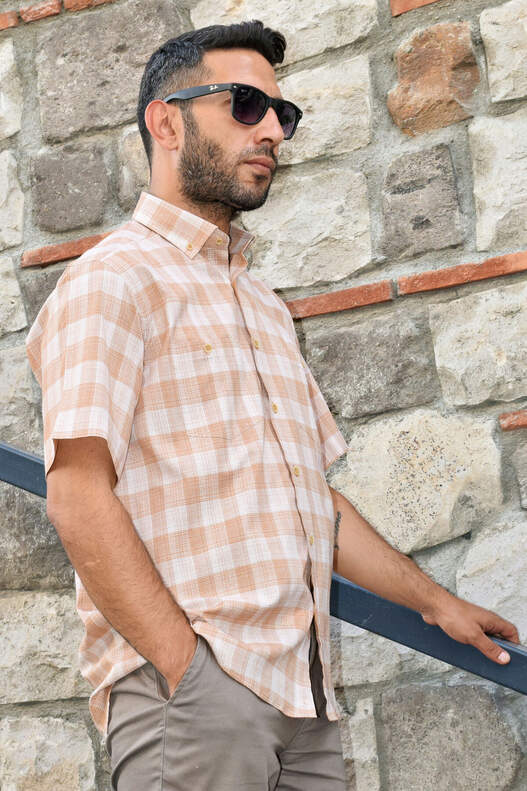 YILDIZ HONEY COLOUR CREAM PLAID SHORT SLEEVE MEN'S SHIRT