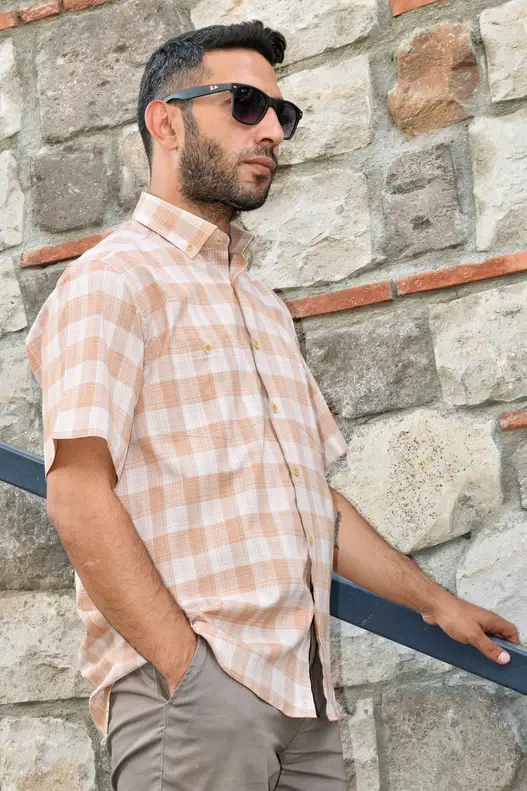 YILDIZ HONEY COLOUR CREAM PLAID SHORT SLEEVE MEN'S SHIRT