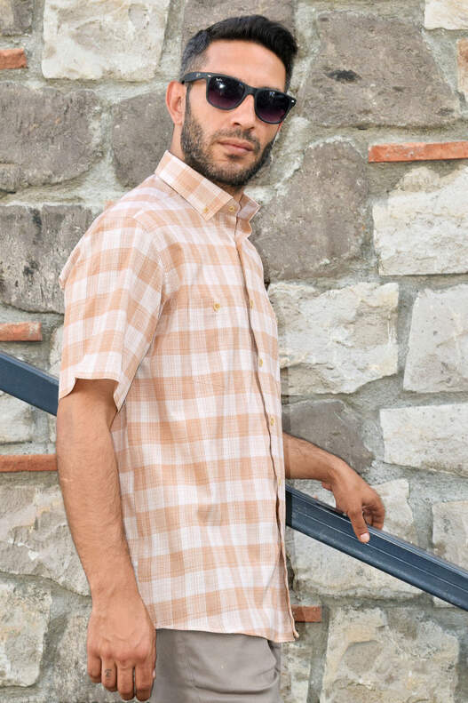 YILDIZ HONEY COLOUR CREAM PLAID SHORT SLEEVE MEN'S SHIRT