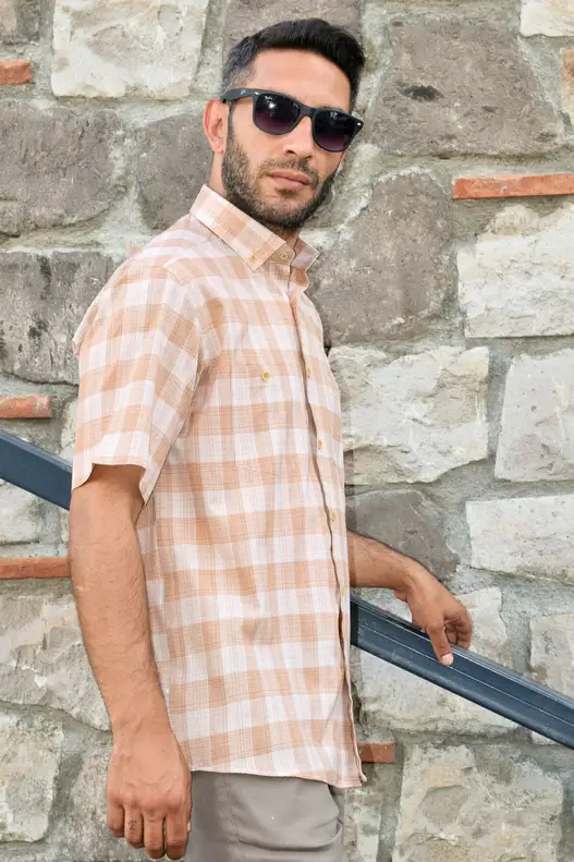 YILDIZ HONEY COLOUR CREAM PLAID SHORT SLEEVE MEN'S SHIRT