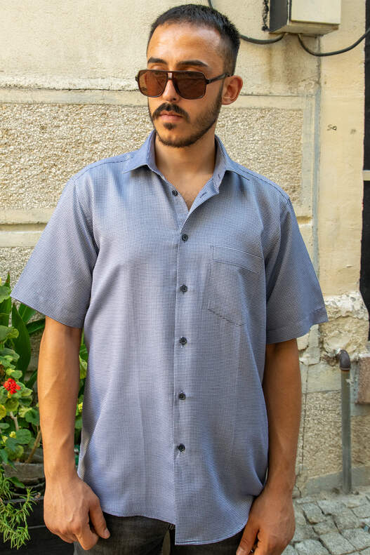 YILDIZ Navy Blue Grey Patterned Short Sleeve Shirt