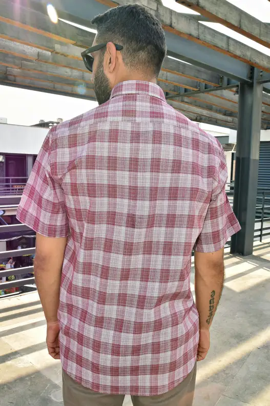 RED CREAM PLAID SHORT SLEEVE MEN'S SHIRT