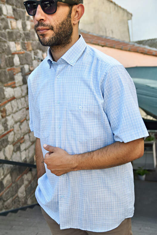 Yıldız Blue White Checked Short Sleeve Men's Shirt