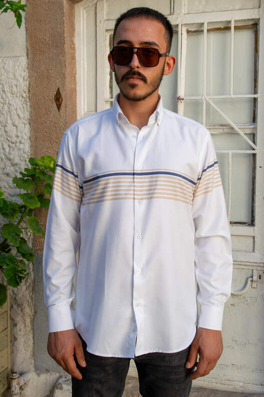 Beige Navy Blue Panel Pattern Shirt