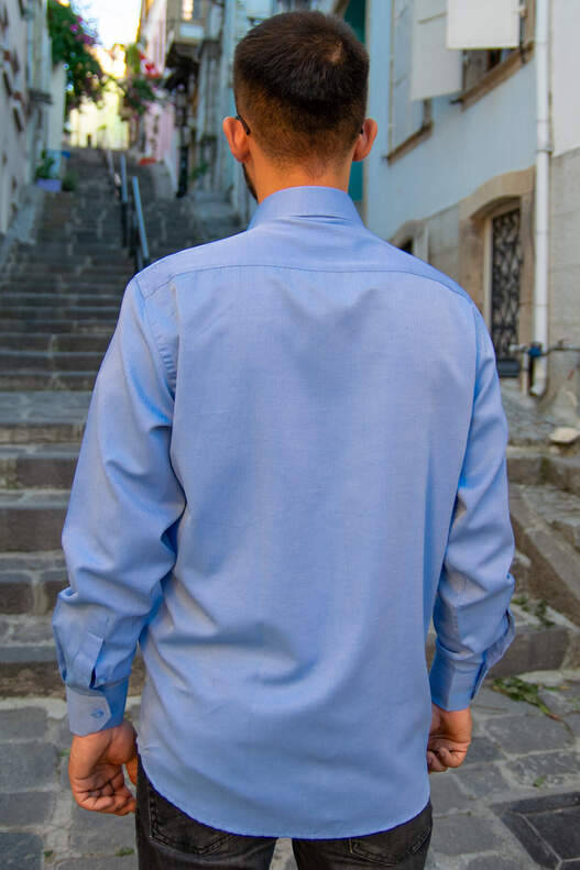 YILDIZ Blue Herringbone Pattern Long Sleeve Shirt