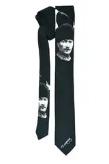 Atatürk Portrait and Signature Patterned Microfibre Woven Classic Cut Black Tie