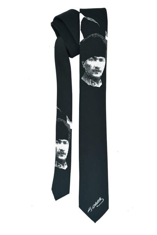 Atatürk Portrait and Signature Patterned Microfibre Woven Classic Cut Black Tie