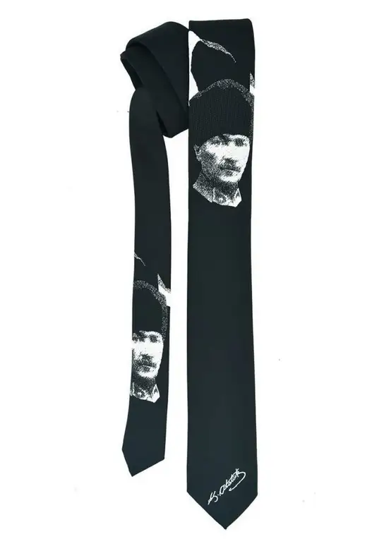 Atatürk Portrait and Signature Patterned Microfibre Woven Classic Cut Black Tie