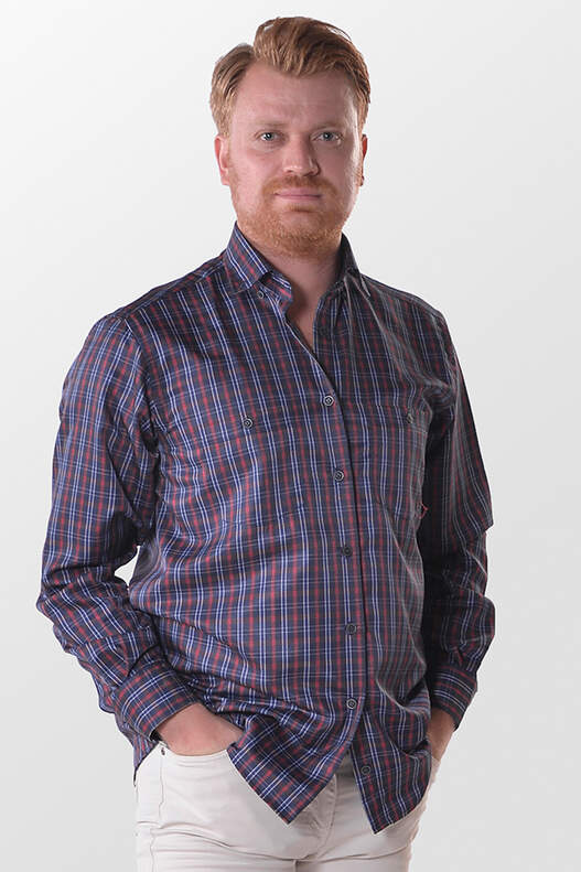 Yıldız Navy Blue Red-Cream Plaid Crotch Cut Men's Shirt