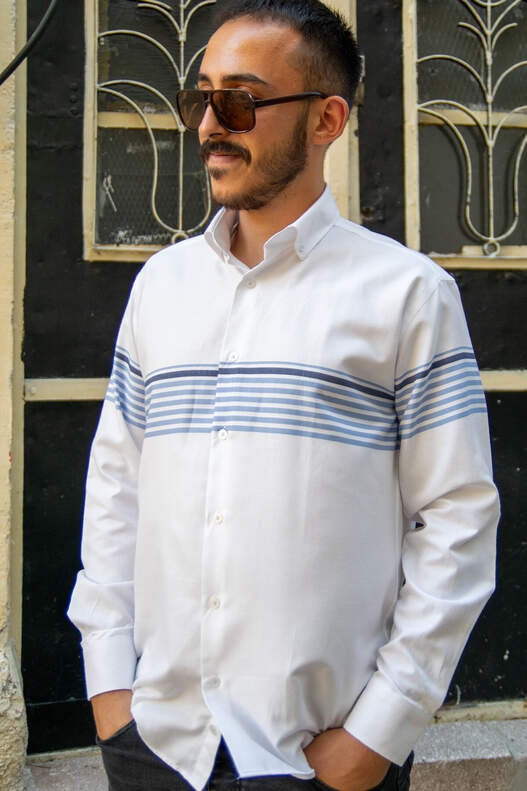 YILDIZ Blue Navy Blue Panel Pattern Long Sleeve Shirt