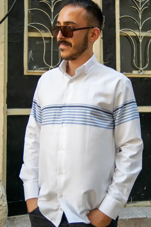 YILDIZ Blue Navy Blue Panel Pattern Long Sleeve Shirt