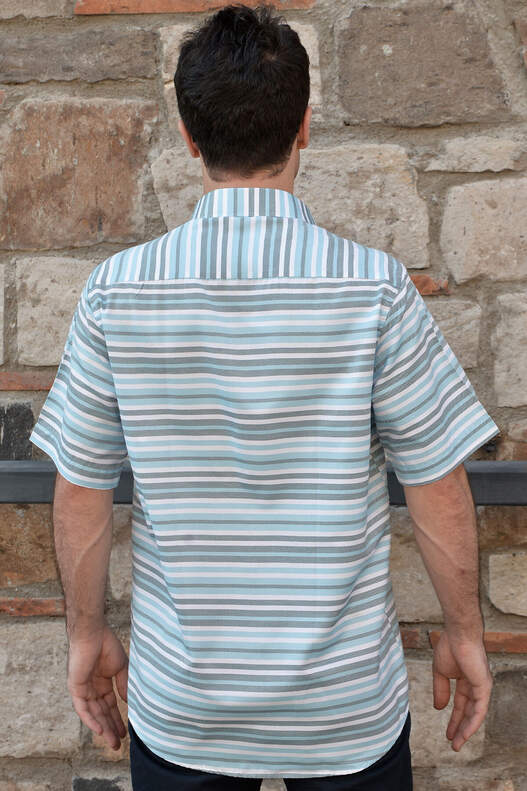 Yıldız Turquoise/Green/White Striped Short Sleeve Men's Shirt