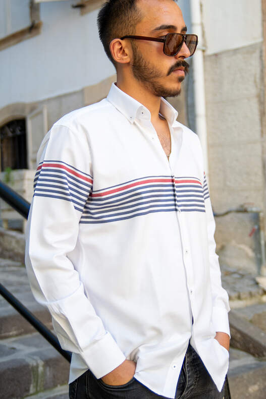 YILDIZ Navy Blue Red Panel Pattern Long Sleeve Shirt