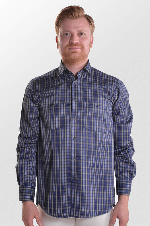 Yıldız Navy Blue Green Plaid Long Sleeve Classic Cut Men's Shirt